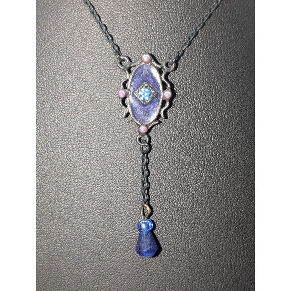 Antiqued Purple Enamel Crystal Y Drop Blackened Chain 15.5" Necklace - Picture 5 of 6